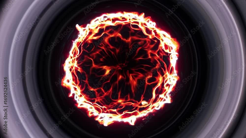 Poster fiery sphere with vibrant flames set against a dark vortex in space, creating a dramatic cosmic scen