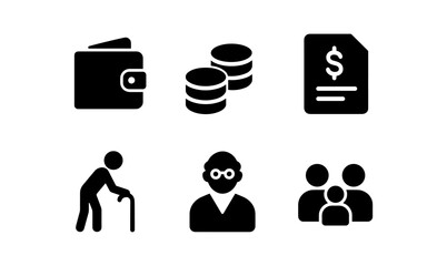 Financial security icons: wallet, coins, invoice, elderly care, family support