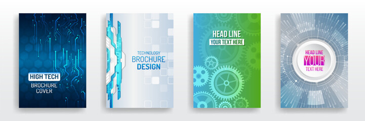 Set of modern technology brochure covers with circuits, gears, and abstract digital elements. Ideal for business reports, flyers, catalogs, and futuristic design projects.