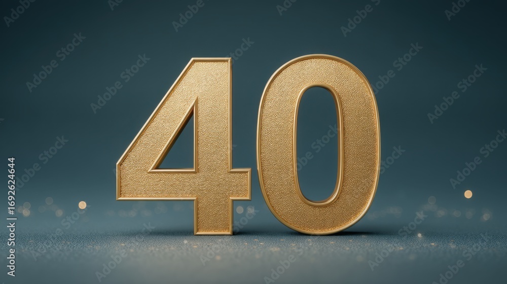 Poster elegant and shimmering golden number 40 with shiny texture on a dark background for celebratory and 
