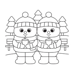 Two cartoon snowmen wearing hats and scarves holding cups with candles in a winter scene with trees and a bench Keywords: cartoon, snowmen, winter, hats, scarves, candles, cups, holding, bench