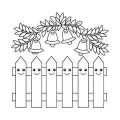 Happy picket fence with bells hanging from a leafy branch Keywords: cartoon, fence, picket fence, happy, smiling, faces, bells, branch, leaves, cute, simple, outline, drawing, illustration, design