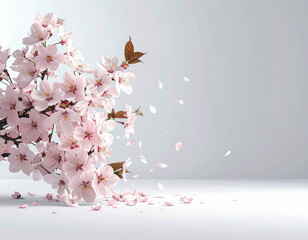 Design material, cherry blossom arrangement with dancing petals, spring, pastel pink, AI