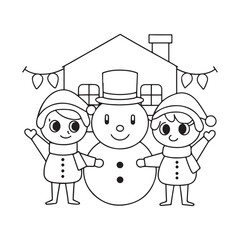 Cartoon children and snowman with Christmas lights and a house kids winter