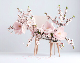 Design material, cherry blossom arrangement on a board, spring, pastel pink, AI