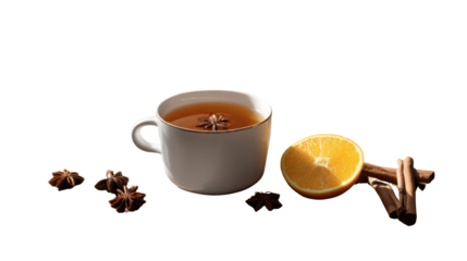Cozy Tea Moment: A ceramic teacup holds a warm, inviting beverage, accompanied by aromatic star anise, a vibrant orange slice, and fragrant cinnamon sticks, all in a moment of inviting simplicity.