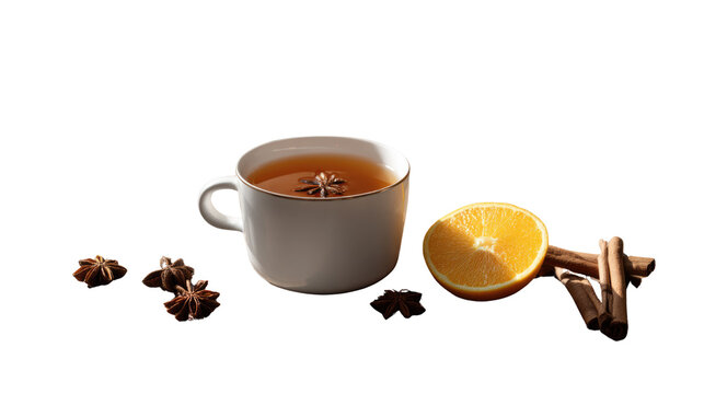 Cozy Tea Moment: A ceramic teacup holds a warm, inviting beverage, accompanied by aromatic star anise, a vibrant orange slice, and fragrant cinnamon sticks, all in a moment of inviting simplicity.