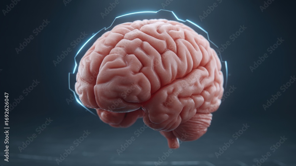 Poster realistic human brain model with digital interface highlighting neural connections and advanced tech