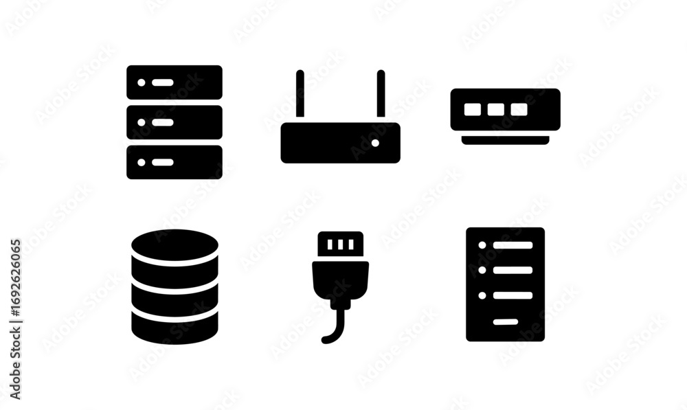 Poster minimalist technology icons set featuring servers and networking devices