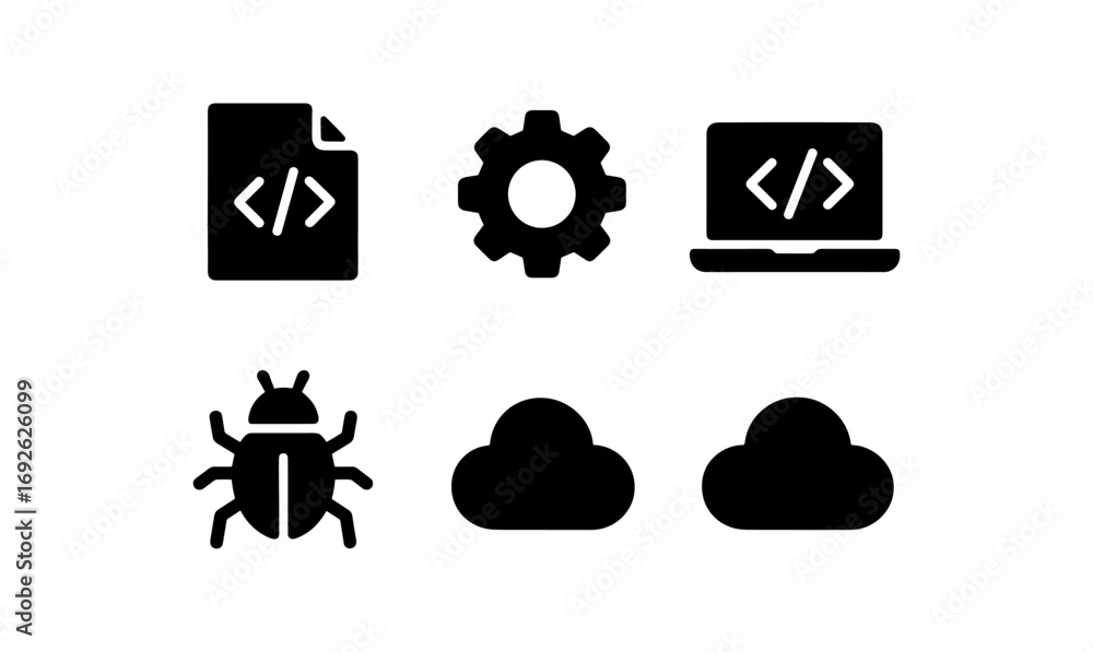 Aufkleber black silhouette icons for coding and cloud computing