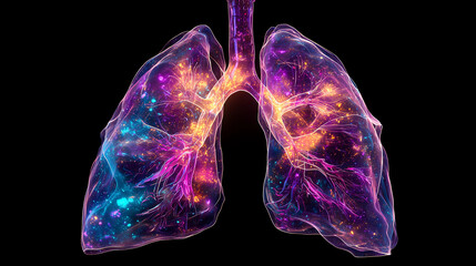 Luminous cosmic lungs illustrated with vibrant colors and intricate designs in deep space