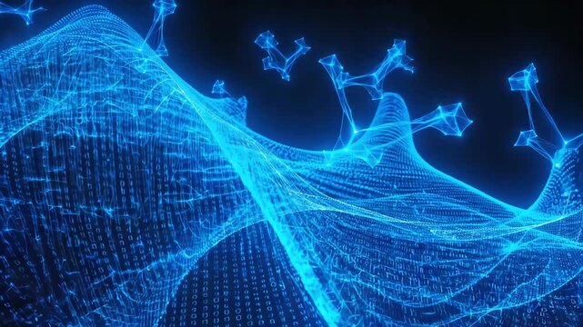 Fractal-based digital sine waves sound data, neon blue fractal edges, binary code along fractal branches, futuristic tech aesthetic, volumetric glow, 4K ultra infinitely animation, cinematic loop