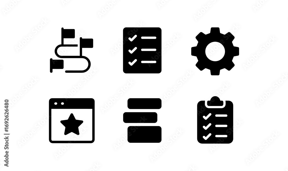 Poster minimalist set of workflow and task management icons in black and white