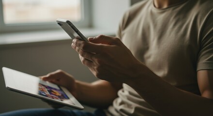 Person holds phone and tablet indoors possibly shopping or banking online.