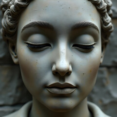 Close up of a smooth stone statue of a woman’s face with closed eyes and serene expression