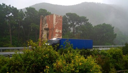 A truck on a highway in a misty forest