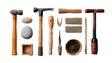 A Variety of Hand Tools: a collection of hand tools artfully arranged, the tools of craftmanship, each exuding purpose and precision. 
