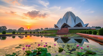 Majestic Lotus Temple Delhi at Sunrise Reflecting in Serene Waters