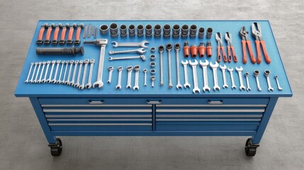 Organized Collection of Hand Tools on a Blue Workbench with Socket Sets, Wrenches, and Plier Tools for Mechanics and DIY Enthusiasts