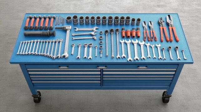 Organized Collection of Hand Tools on a Blue Workbench with Socket Sets, Wrenches, and Plier Tools for Mechanics and DIY Enthusiasts - Powered by Adobe