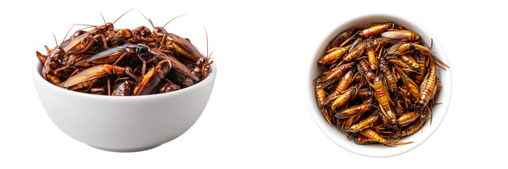  Set of a cooked insects in a bowl isolated on transparent background. 