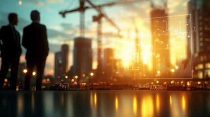 business man silhouette Urban skyline construction cranes sunset, high buildings by golden light, city development. residential buildings Smart city background futuristic cityscape banner real estate
