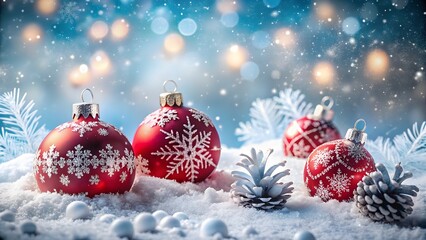 Fototapeta premium Festive Holiday Scene Red Christmas Ornaments Adorned with Snowflakes Pine Cones Resting Gently on Fresh White Snow Bokeh Lights