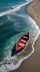 Aerial View of Red Rowboat on Black Sand Beach with Ocean Waves
