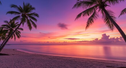 Fototapeta premium A serene tropical beach scene at sunset, featuring vibrant hues of pink and purple, with swaying palm trees framing the golden sky.