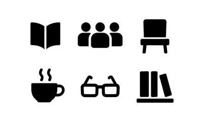 Silhouette icons of reading and relaxation: book, armchair, coffee, glasses, bookshelf