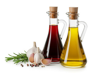 Bottles of olive oil and balsamic vinegar with garlic and herbs