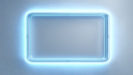 Light blue neon rectangle frame on a light gray background