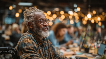 Fototapeta premium Smiling senior man working in a busy creative collaborative office environment