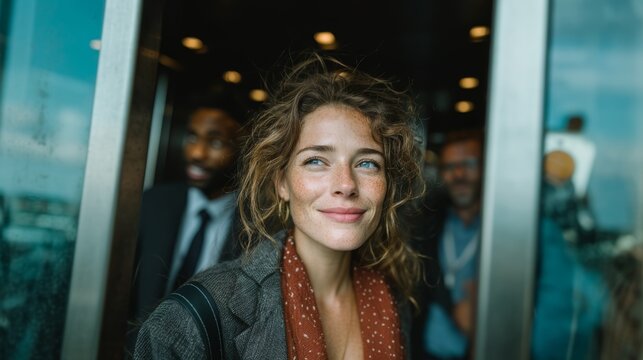 Smiling woman stepping outside with diverse colleagues in background, hopeful mood - Powered by Adobe