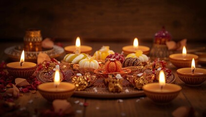 Assorted Indian Mithai with Decorative Diyas for Festival
