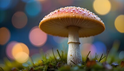 Magical Mushroom Close-Up with Dreamy Colorful Bokeh Background for Nature, Fantasy, and Creative Design