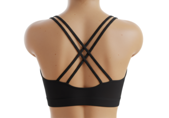 黒いスポーツブラを着た女性の後ろ姿 露出した肌と交差したストラップ フィットネスと健康的なライフスタイルのコンセプト