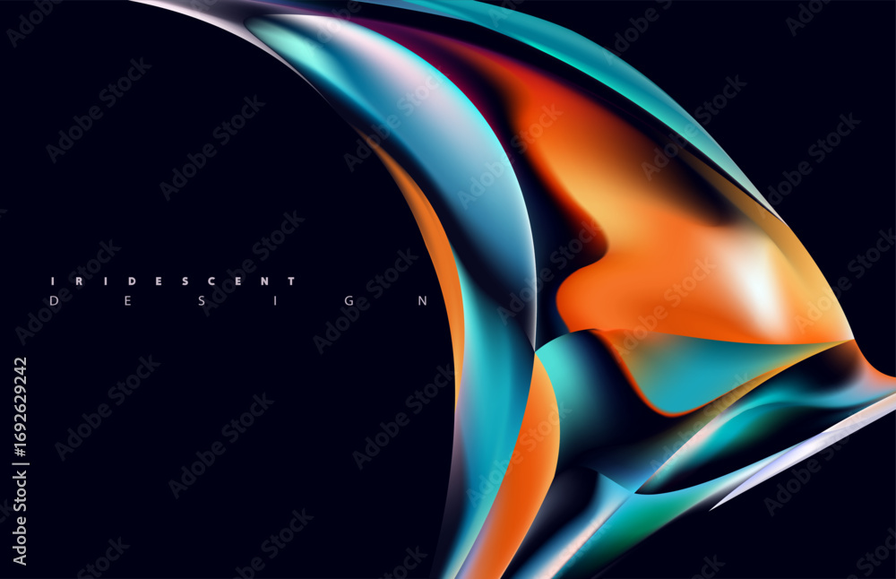 Poster abstract liquid glass shapes on dark background. 3d vector design element.