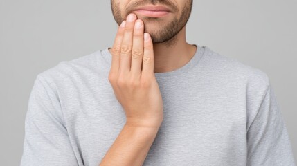 Fototapeta premium Thoughtful man touching his chin while contemplating ideas against a plain grey background with natural lighting in a casual setting