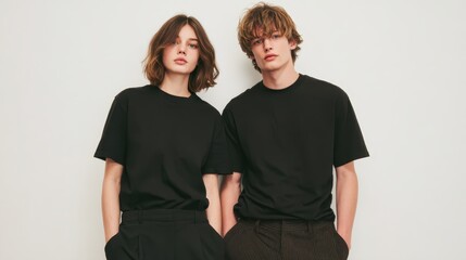 Slim models wearing black t shirts and tailored pants standing close together, creating sleek minimalist aesthetic against clean white backdrop