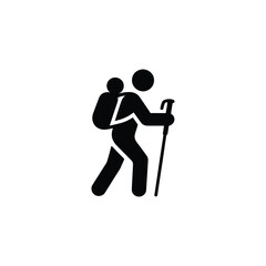 Person hiking with backpack and stick icon isolated on transparent background
