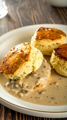 Biscuits and gravy on a plate
