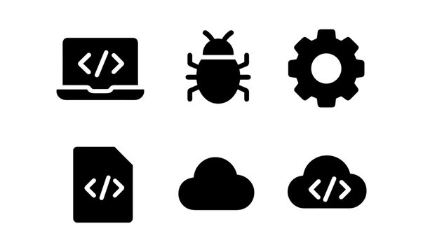 Silhouette coding and technology icons: laptop, bug, gear, file, cloud