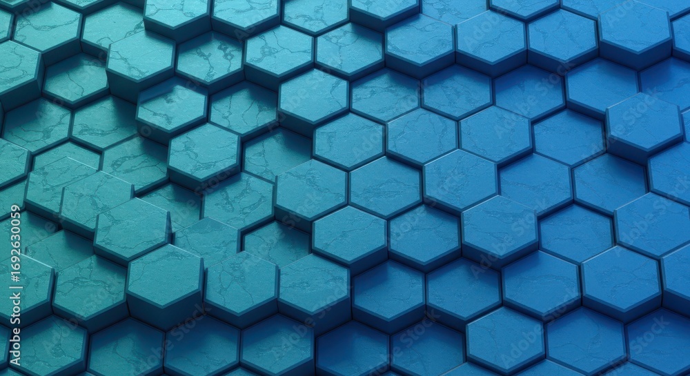 Poster a detailed, three-dimensional pattern of numerous hexagonal shapes in a gradient of cool blue tones,