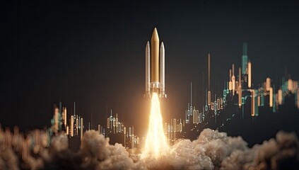 Rocket launching into space with financial data overlay