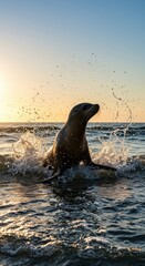 Fototapeta premium A sea lion emerges from the ocean waves during a golden hour sunset, showcasing splashes and reflections on the water's surface.
