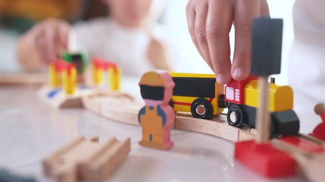 Children play with a toy train in kindergarten. Child childhood fun concept. Train with toy is traveling lifestyle along. railway. Children play with toys and trains on the railway in kindergarten.