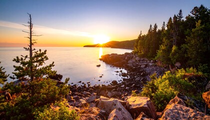 Scenic sunrise over a lake shore