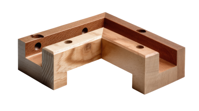 Geometric Wooden Block: An intricate wooden block constructed with precise cuts and a modern design, rendered in photorealistic detail and showcasing the natural grain and texture of the wood.