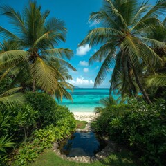 Fototapeta premium Tropical beach with palm trees by the sea